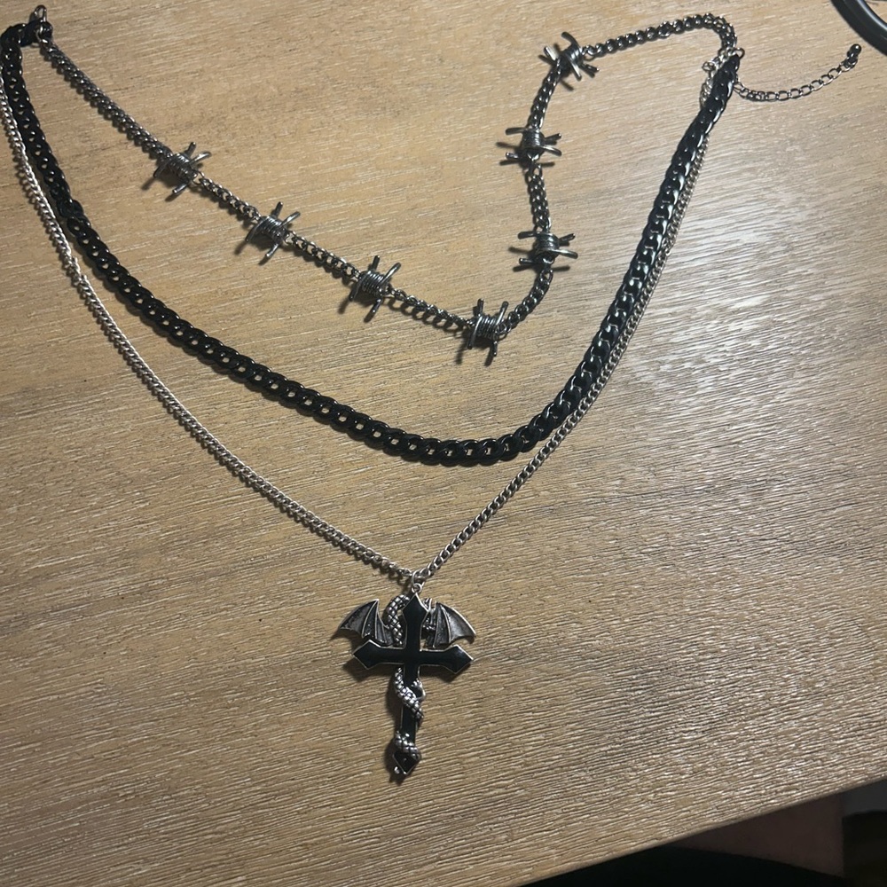 Black and Silver Layered Necklace with Dragon cross Pendant
